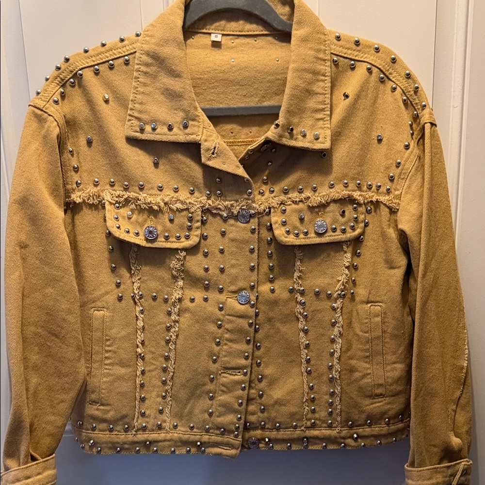Mustard Studded Jean Jacket with Frayed Trim